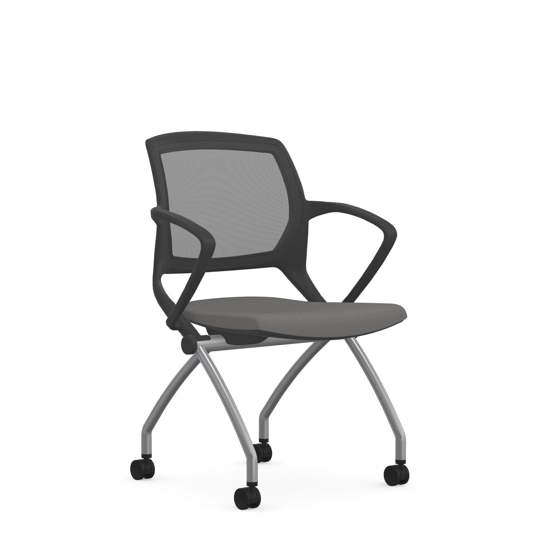 Front view of the 9to5 Zoom nesting chair in graphite frame and gray fabric seat. Kansas City Office Design.