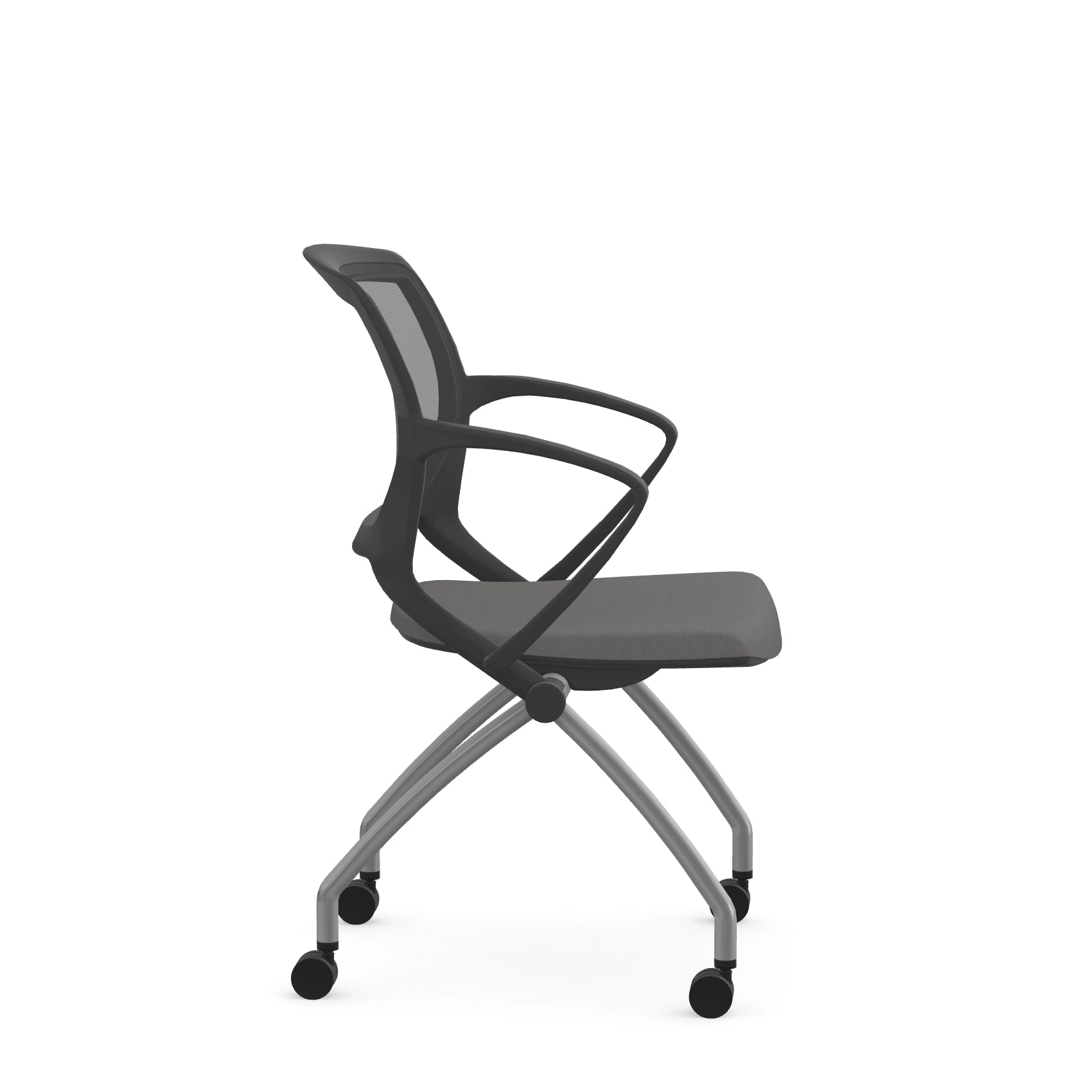 Side view of the 9to5 Zoom nesting chair in graphite frame and gray fabric seat. Kansas City Office Design.