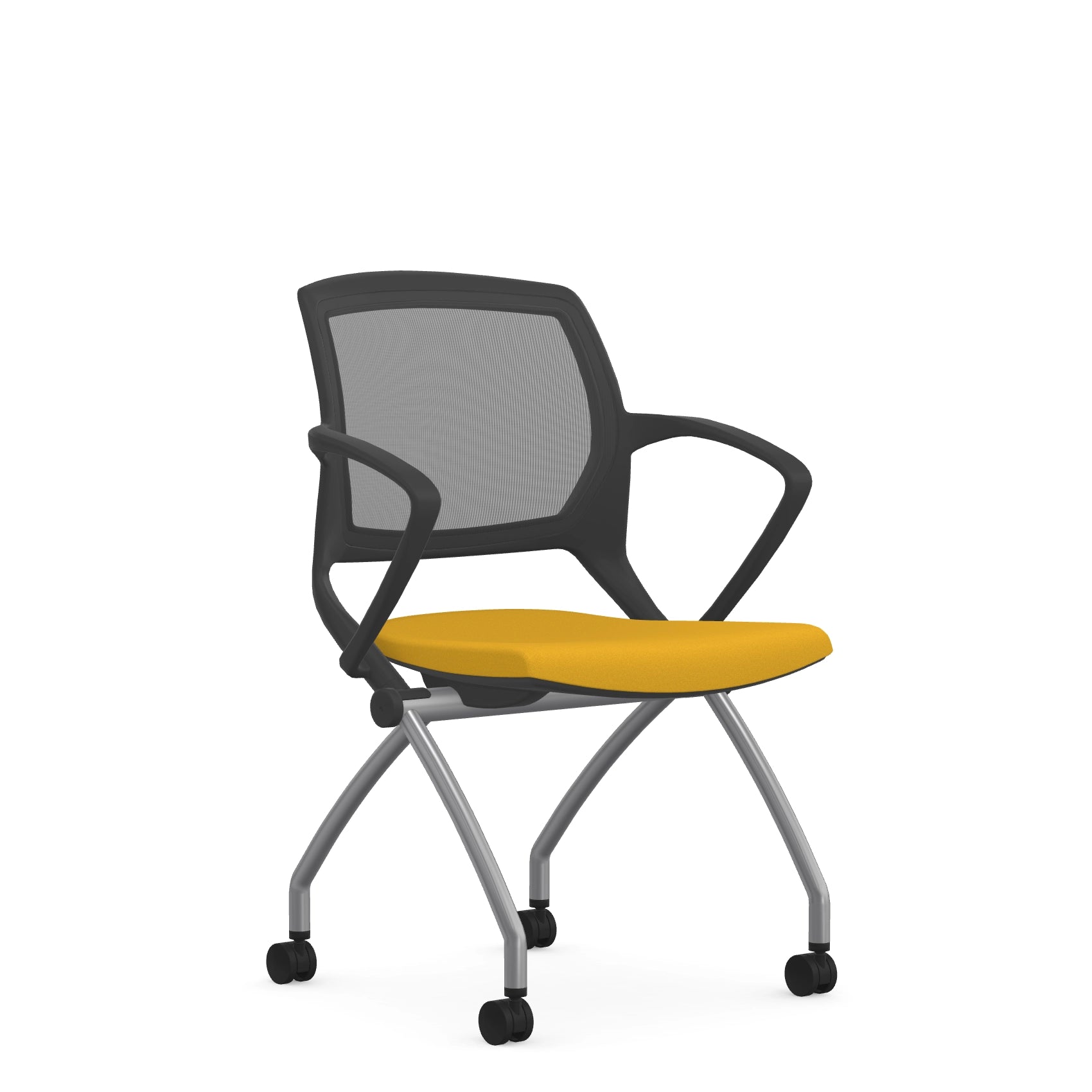 Front view of the 9to5 Zoom nesting chair in graphite frame and yellow fabric seat. Kansas City Office Design.