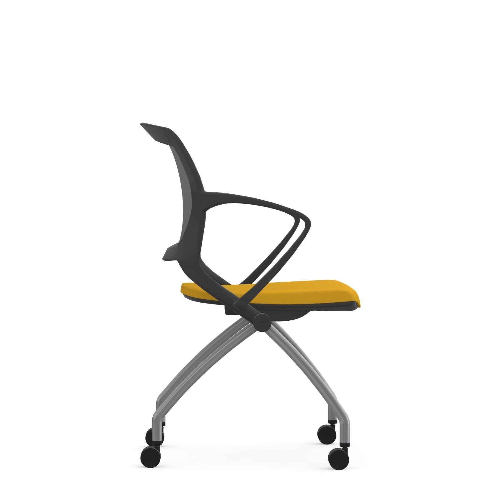 Side view of the 9to5 Zoom nesting chair in graphite frame and yellow fabric seat. Kansas City Office Design.