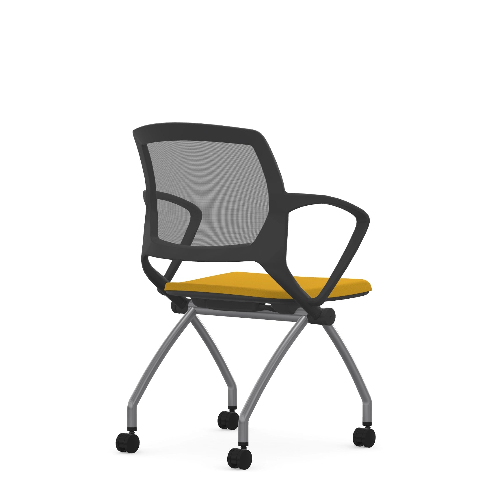 Back view of the 9to5 Zoom nesting chair in graphite frame and yellow fabric seat. Kansas City Office Design.