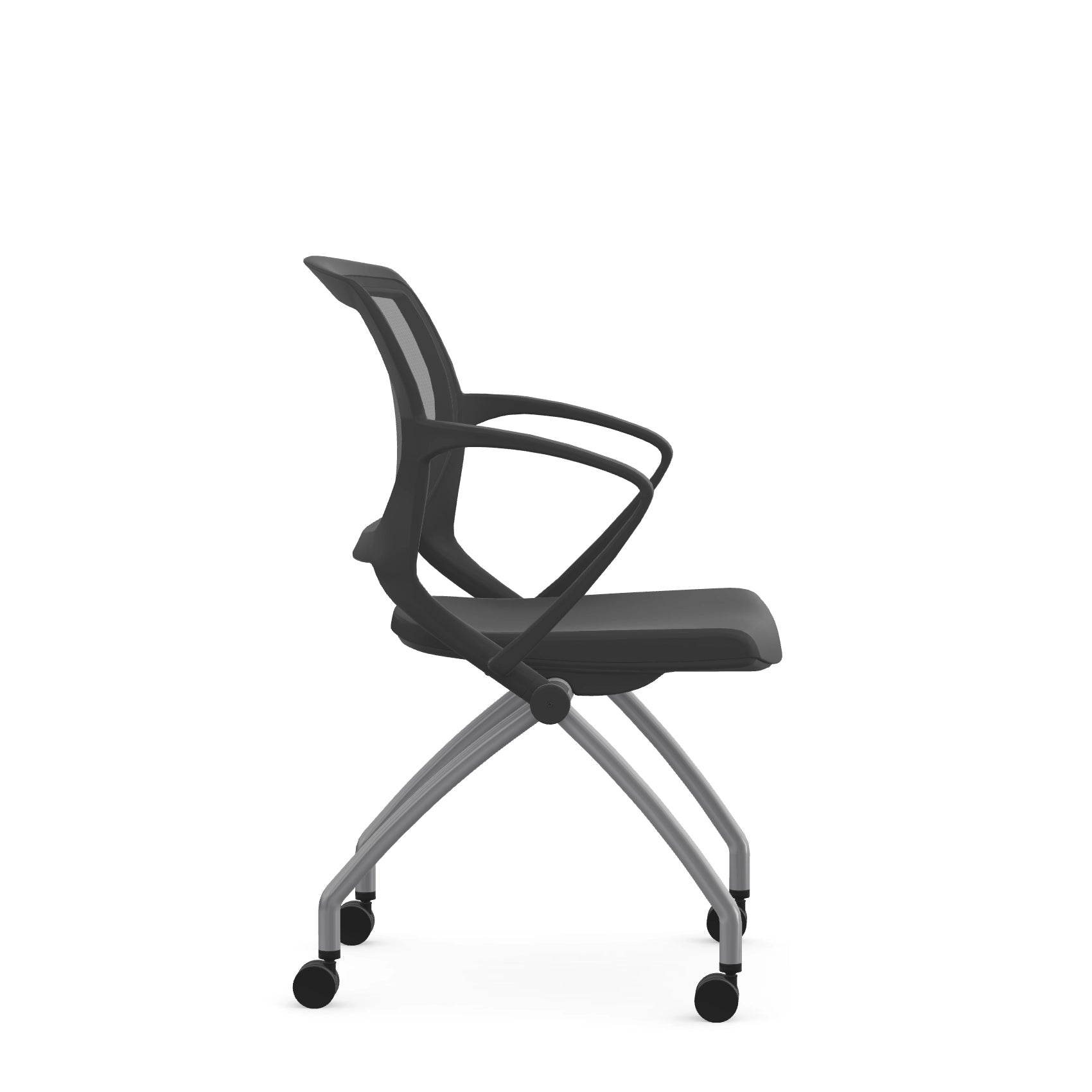 Side view of the 9to5 Zoom nesting chair in graphite frame and plastic seat. Kansas City Office Design.