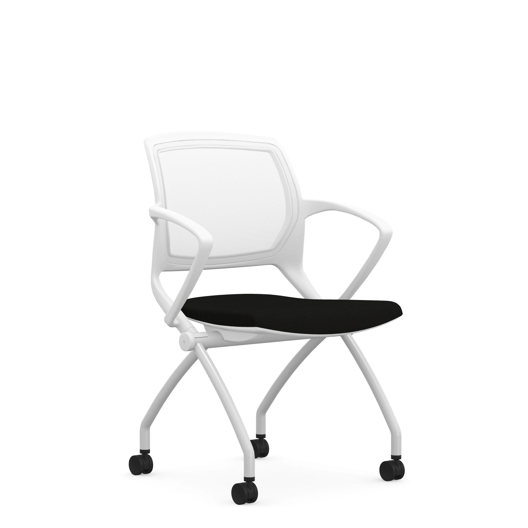 Front view of the 9to5 Zoom nesting chair in white frame and black fabric seat. Kansas City Office Design.