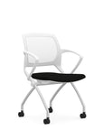 Front view of the 9to5 Zoom nesting chair in white frame and black fabric seat. Kansas City Office Design.