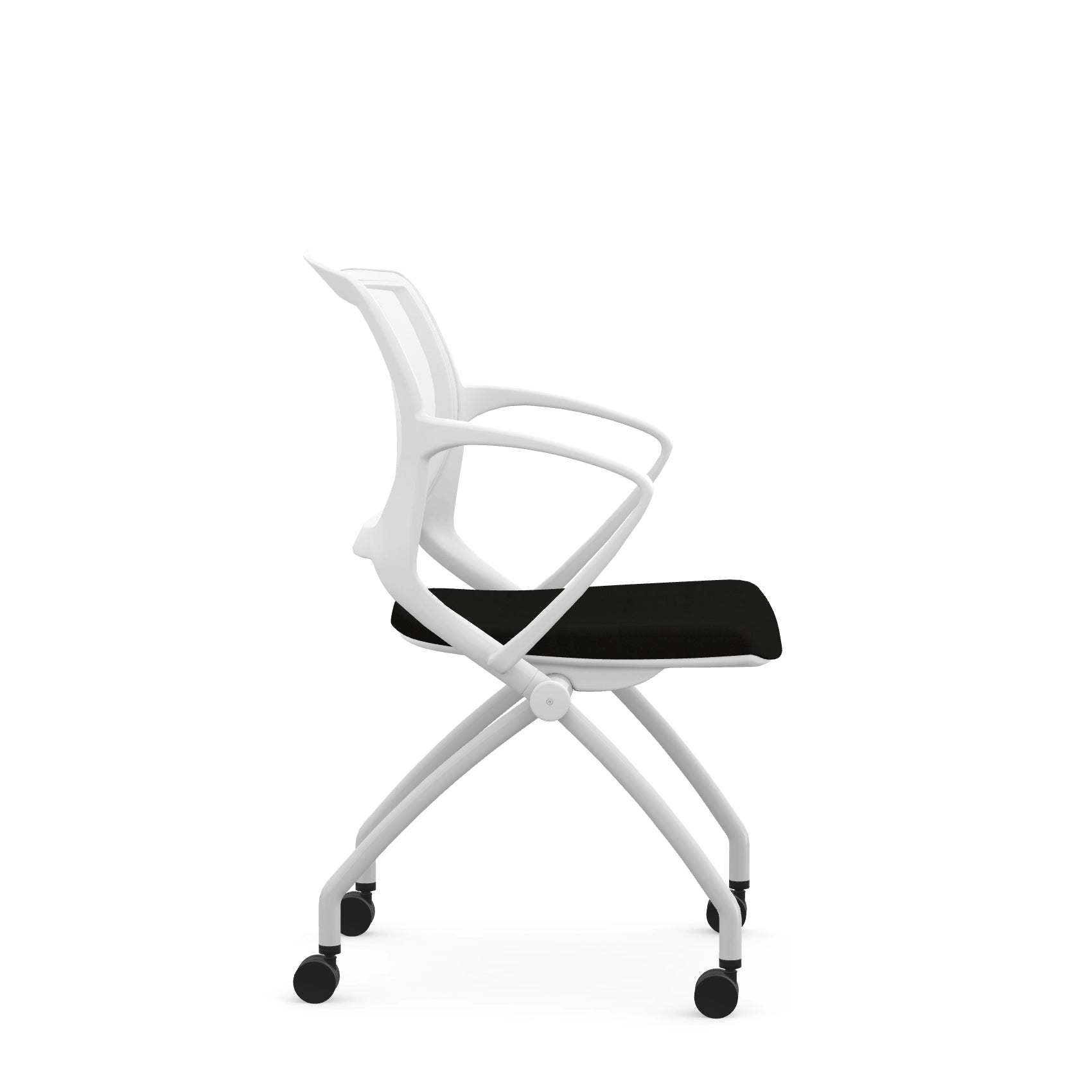 Side view of the 9to5 Zoom nesting chair in white frame and black fabric seat. Kansas City Office Design.
