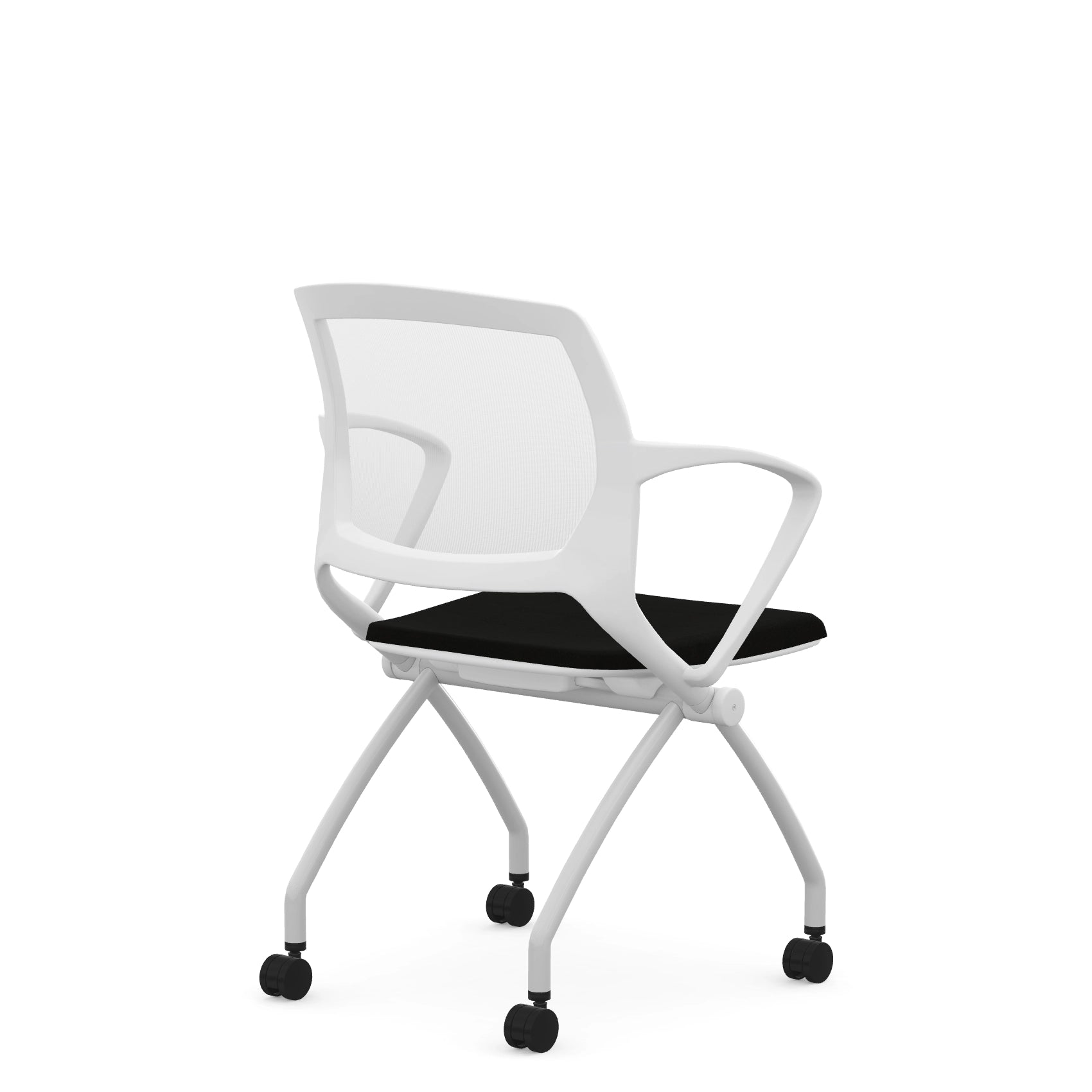 Back view of the 9to5 Zoom nesting chair in white frame and black fabric seat. Kansas City Office Design.