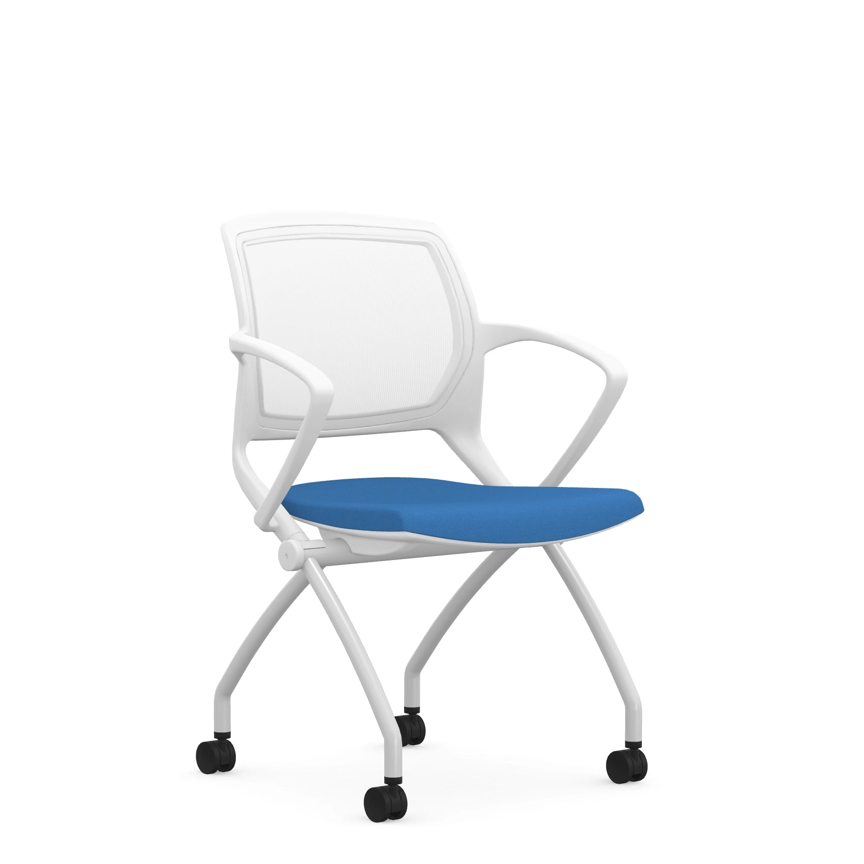 Front view of the 9to5 Zoom nesting chair in white frame and blue fabric seat. Kansas City Office Design.