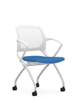 Front view of the 9to5 Zoom nesting chair in white frame and blue fabric seat. Kansas City Office Design.