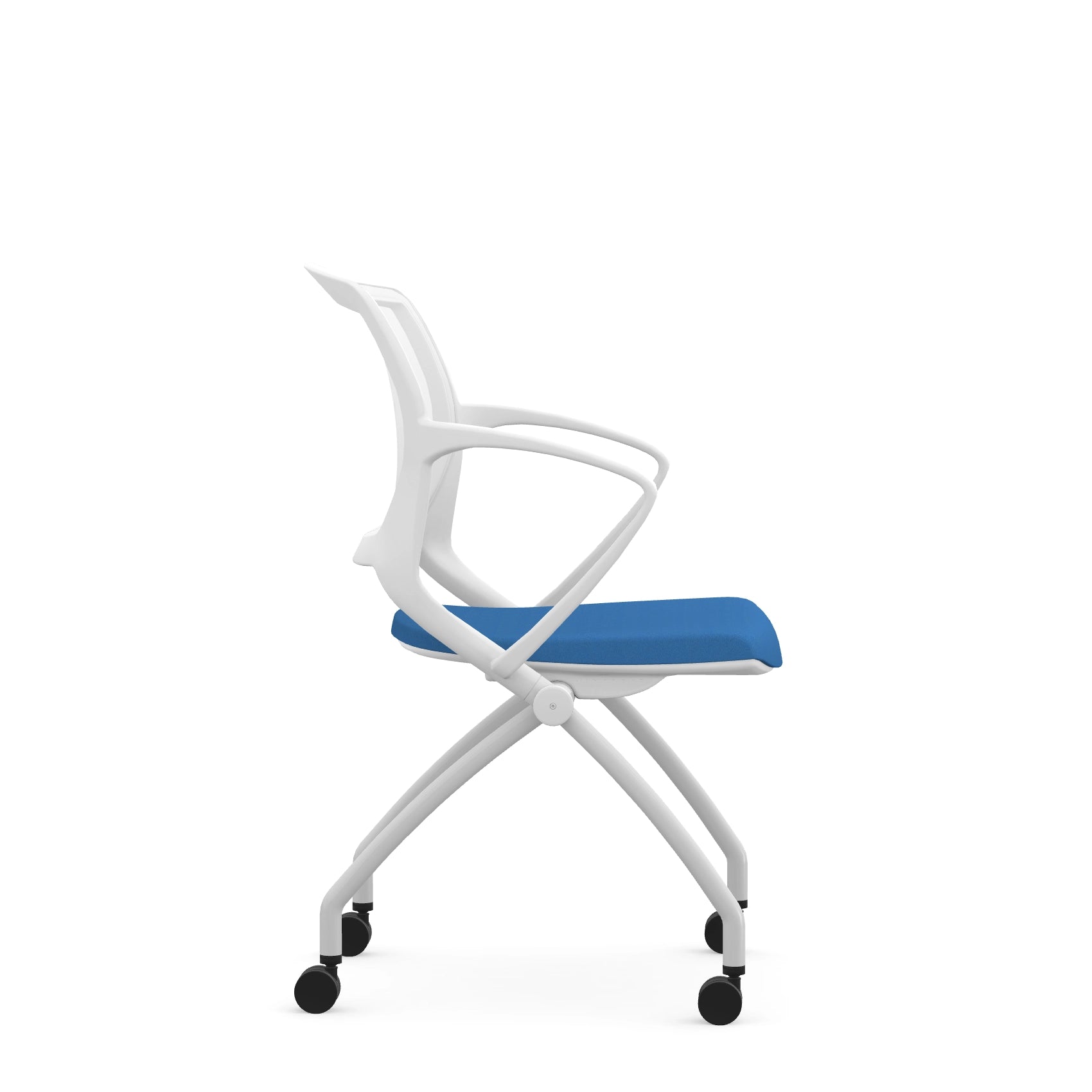 Side view of the 9to5 Zoom nesting chair in white frame and blue fabric seat. Kansas City Office Design.