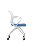 Side view of the 9to5 Zoom nesting chair in white frame and blue fabric seat. Kansas City Office Design.
