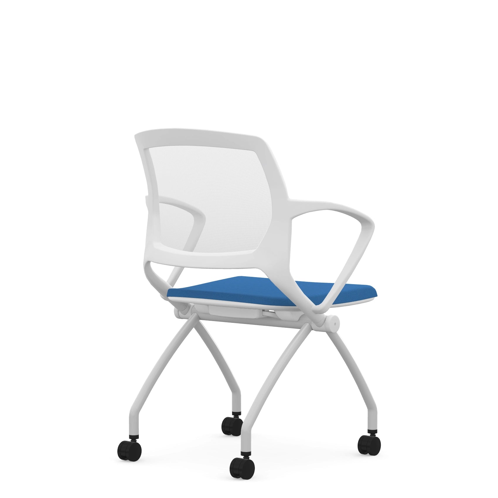 Back view of the 9to5 Zoom nesting chair in white frame and blue fabric seat. Kansas City Office Design.