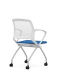 Back view of the 9to5 Zoom nesting chair in white frame and blue fabric seat. Kansas City Office Design.