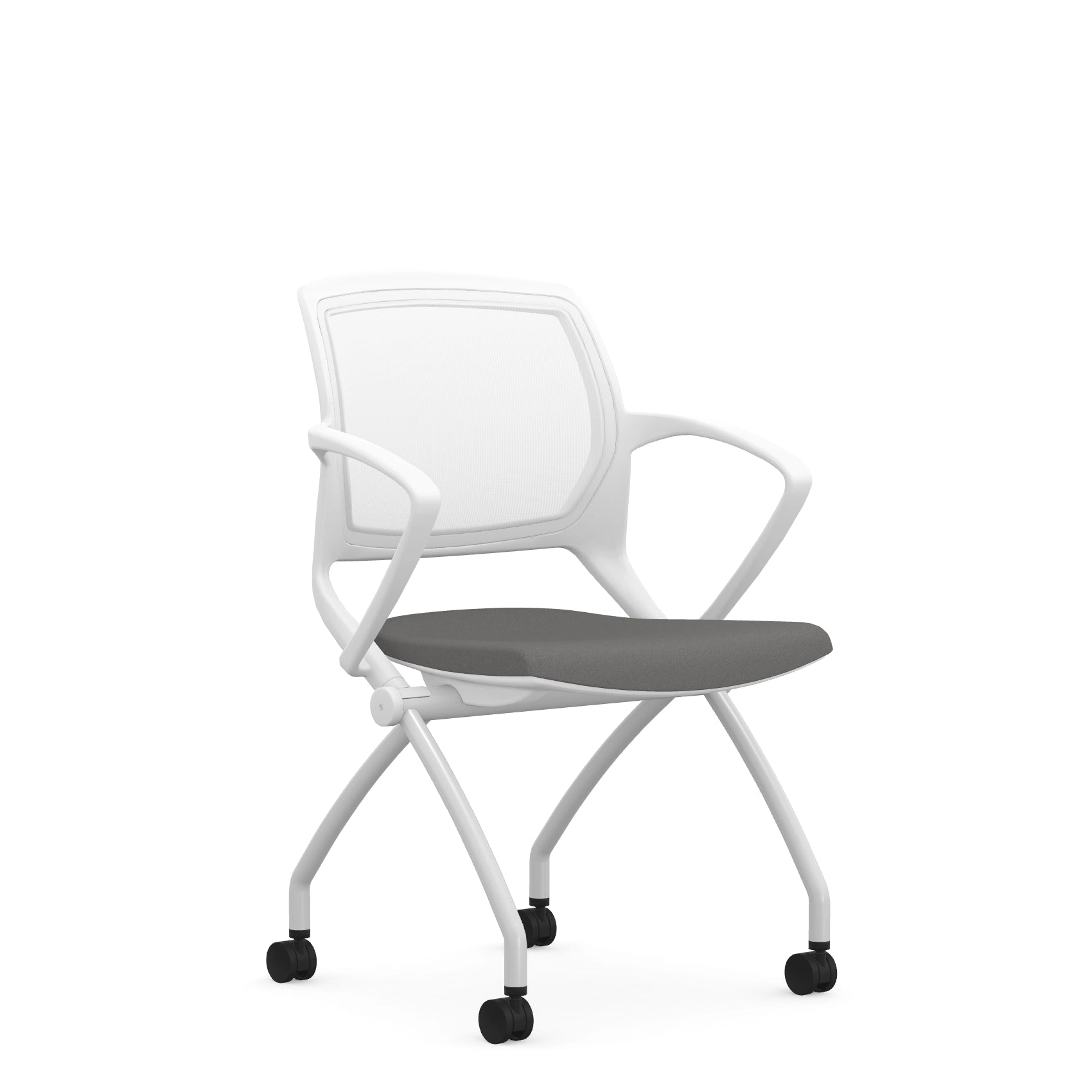 Front view of the 9to5 Zoom nesting chair in white frame and gray fabric seat. Kansas City Office Design.