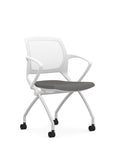 Front view of the 9to5 Zoom nesting chair in white frame and gray fabric seat. Kansas City Office Design.