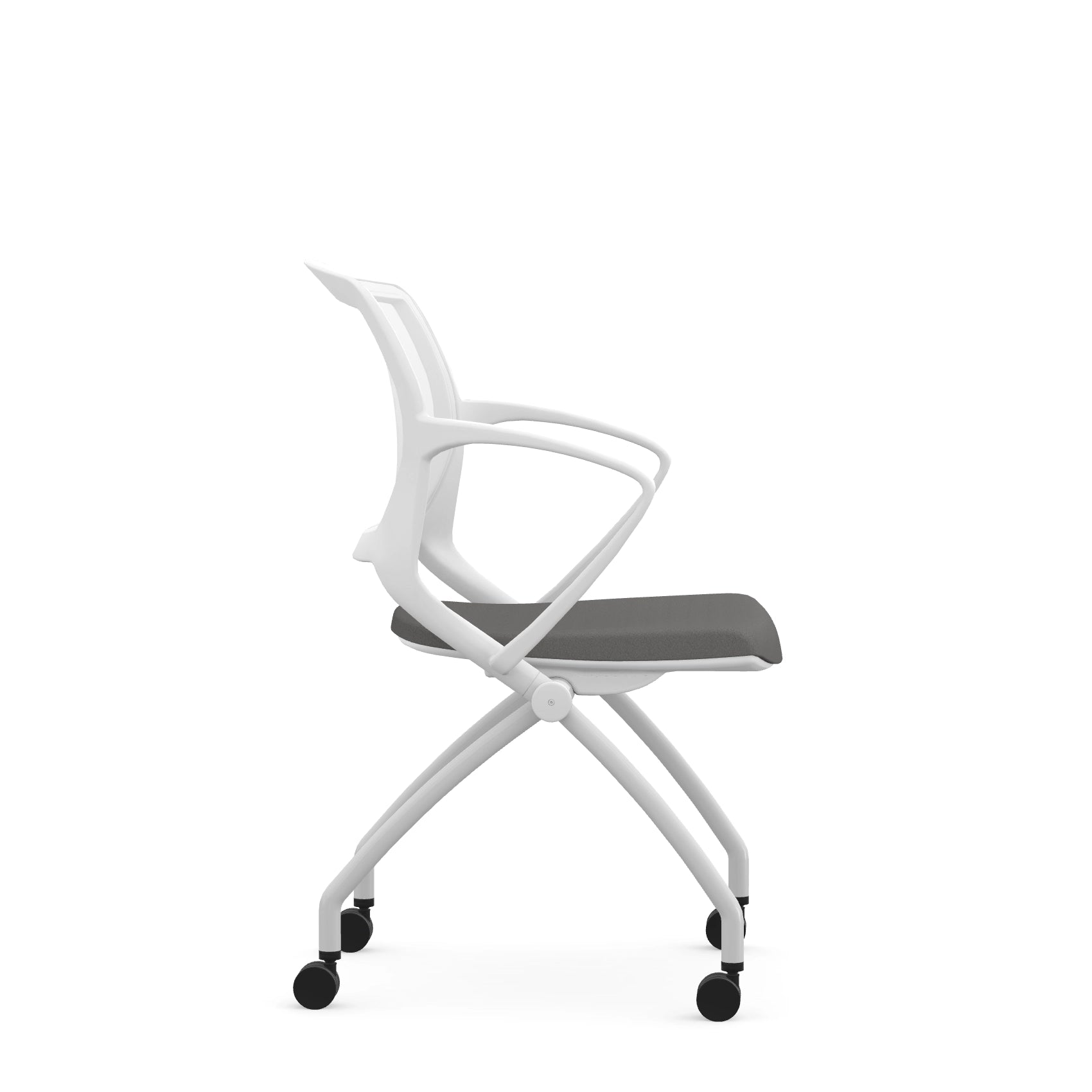 Side view of the 9to5 Zoom nesting chair in white frame and gray fabric seat. Kansas City Office Design.