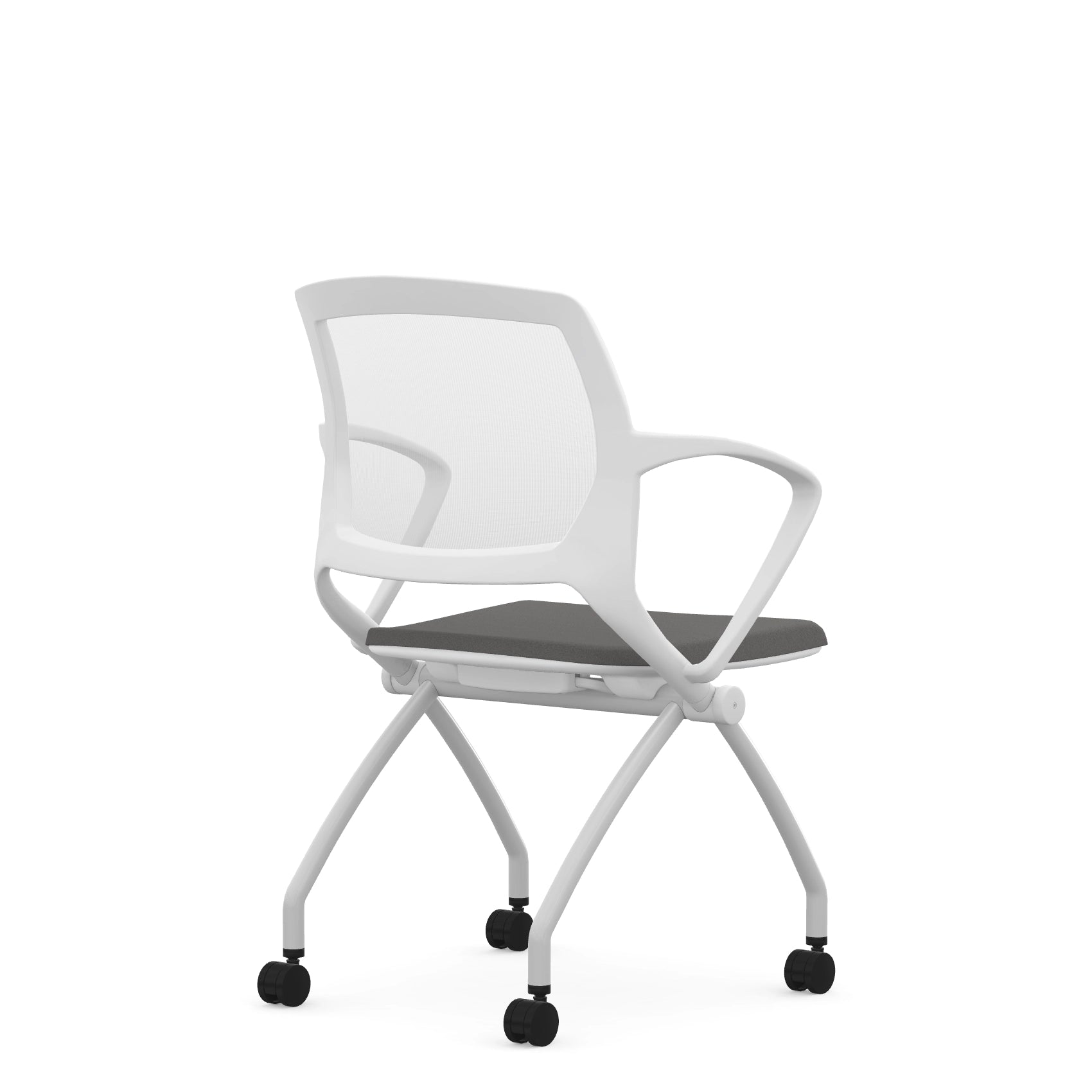 Back view of the 9to5 Zoom nesting chair in white frame and gray fabric seat. Kansas City Office Design.