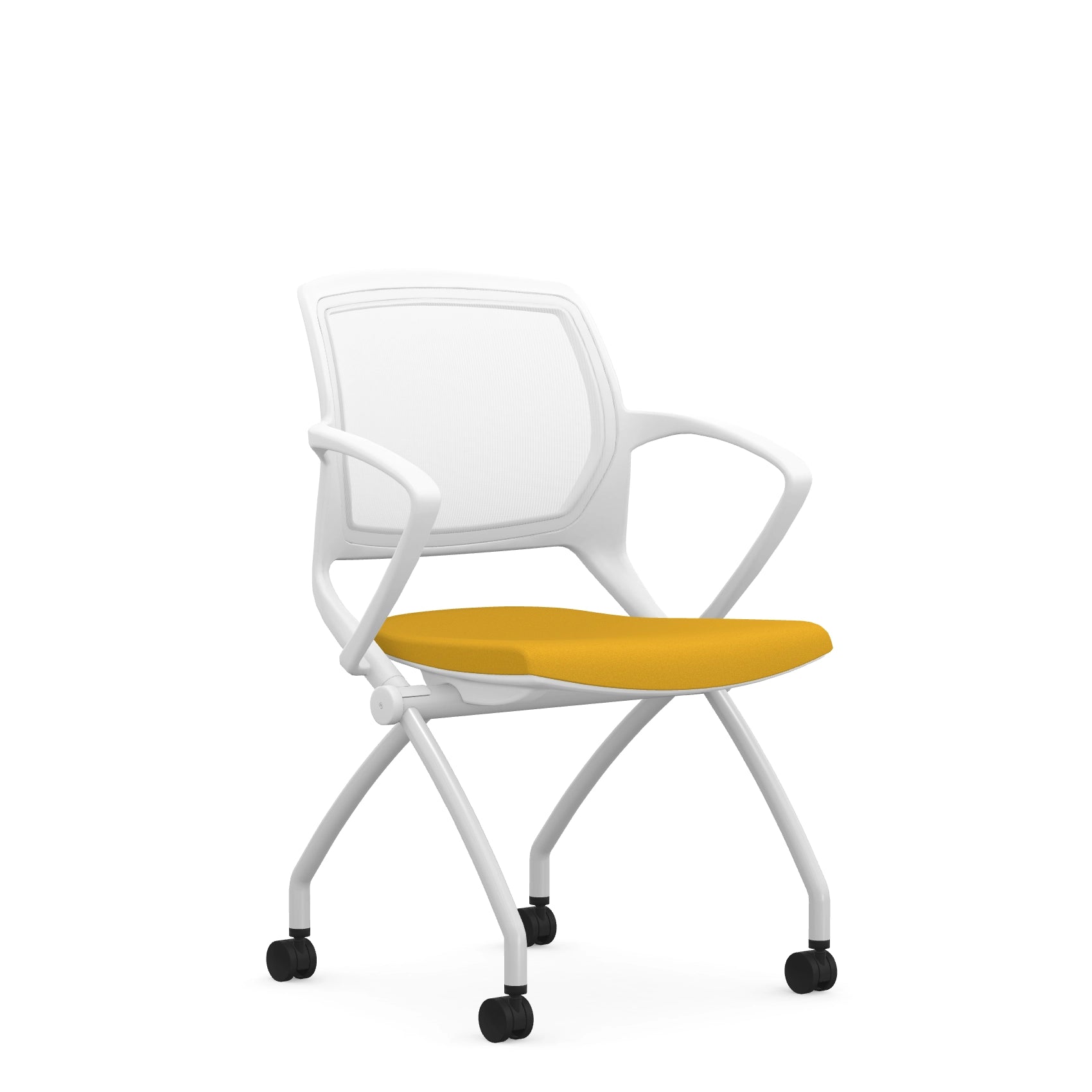 Front view of the 9to5 Zoom nesting chair in white frame and yellow fabric seat. Kansas City Office Design.