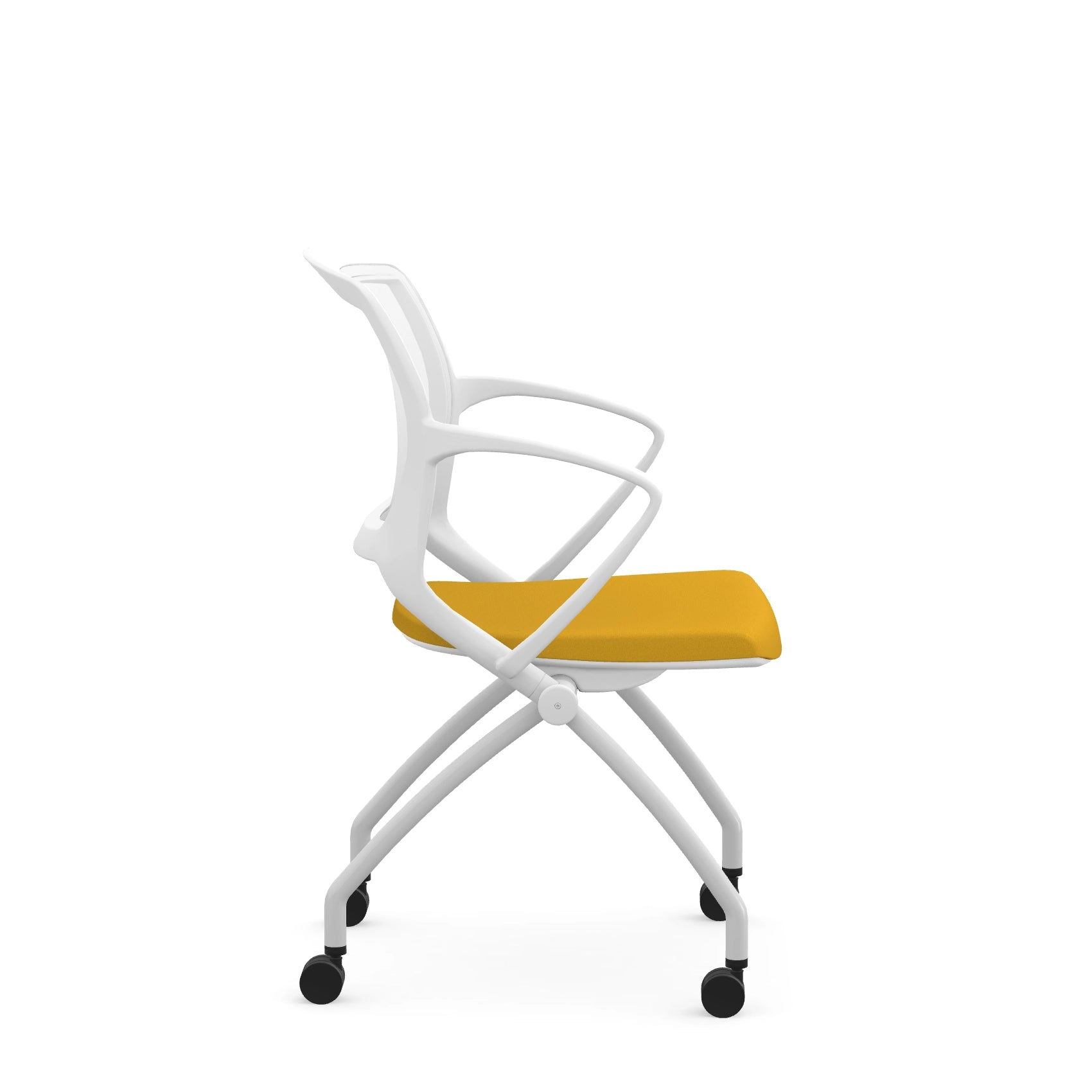 Side view of the 9to5 Zoom nesting chair in white frame and yellow fabric seat. Kansas City Office Design.