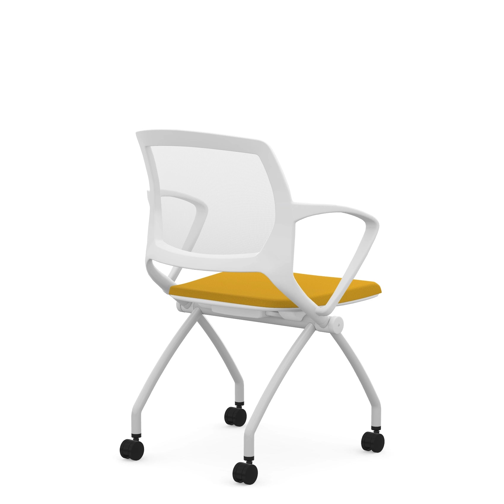 Back view of the 9to5 Zoom nesting chair in white frame and yellow fabric seat. Kansas City Office Design.