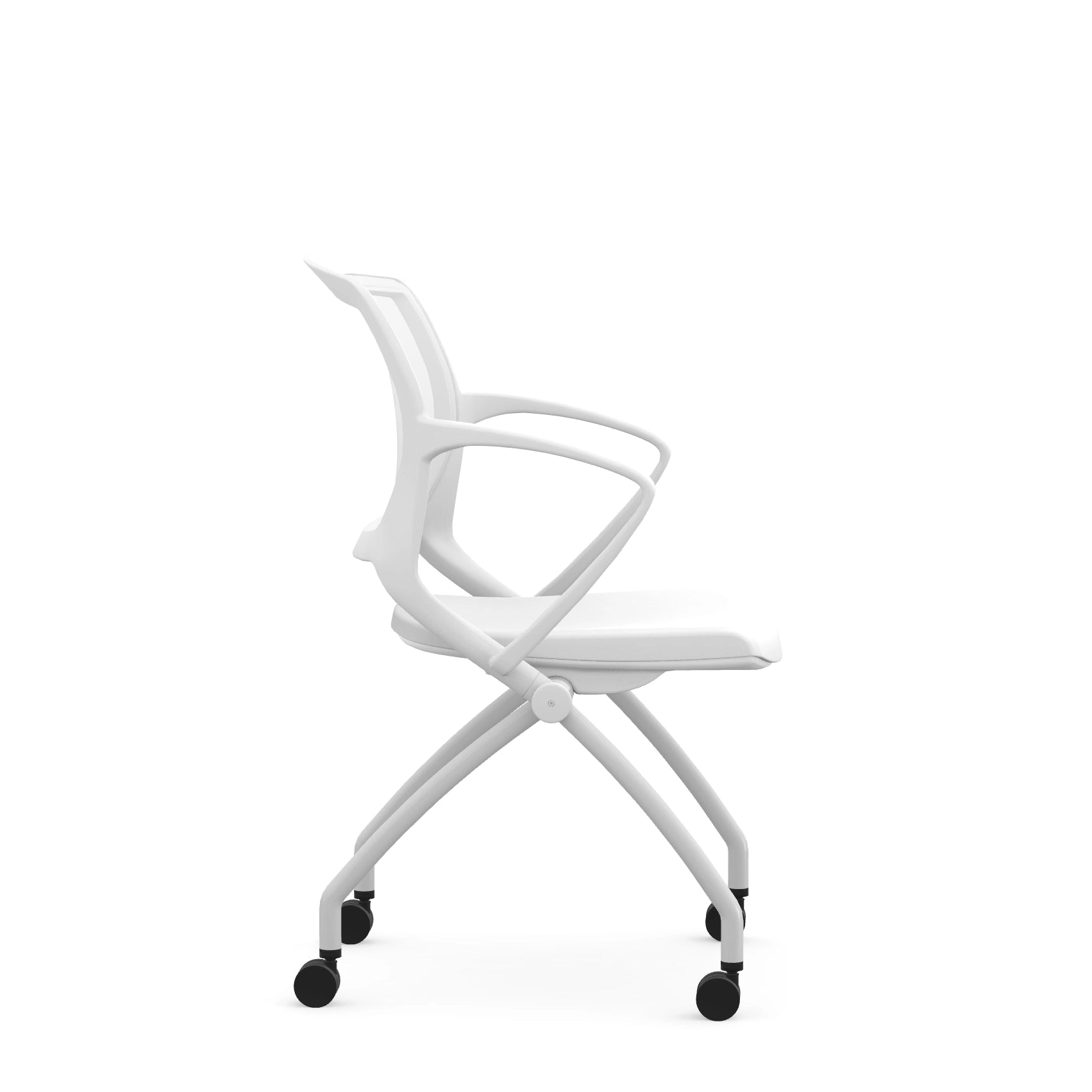 Side view of the 9to5 Zoom nesting chair in white frame and plastic seat. Kansas City Office Design.