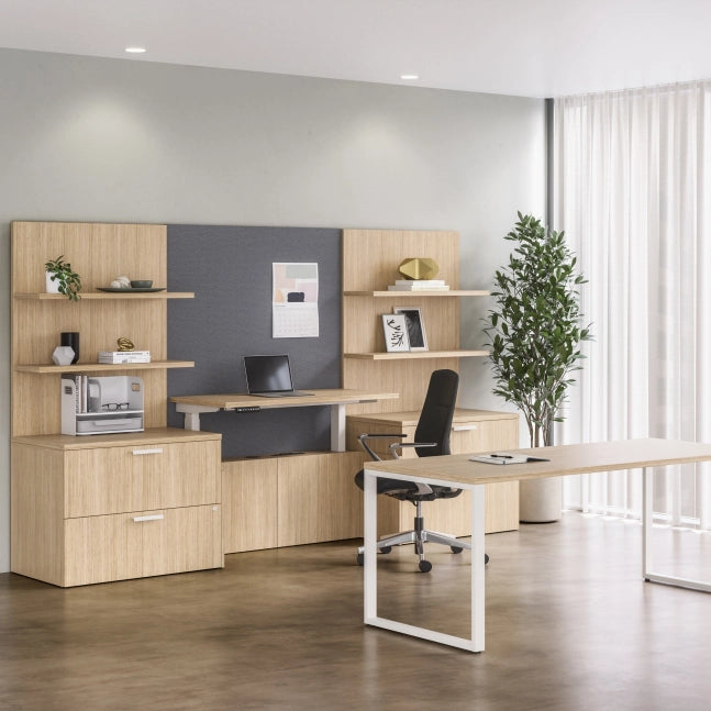 Modern office setup with wooden furniture, desk, and shelves. Kansas City Office Design.