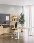Modern office setup with a L-shaped desk, shelves, and a plant. AIS Auburn Executive Chair. Kansas City Office Design