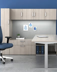 Modern office setup with desk, chair, and storage cabinets against a blue wall. Kansas City Office Design.