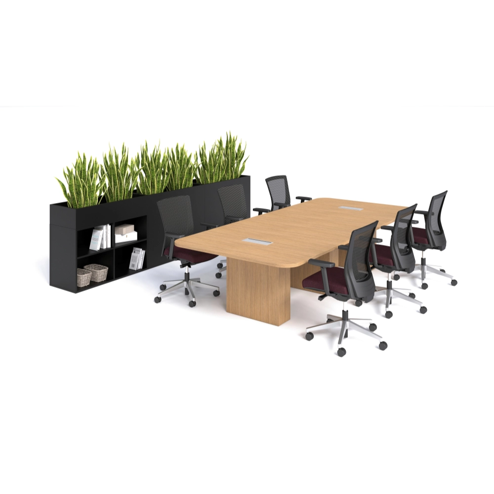 Modern office setup with a long wooden conference table and chairs, black bookshelf, and green plants on a white background. Kansas City Office Design.