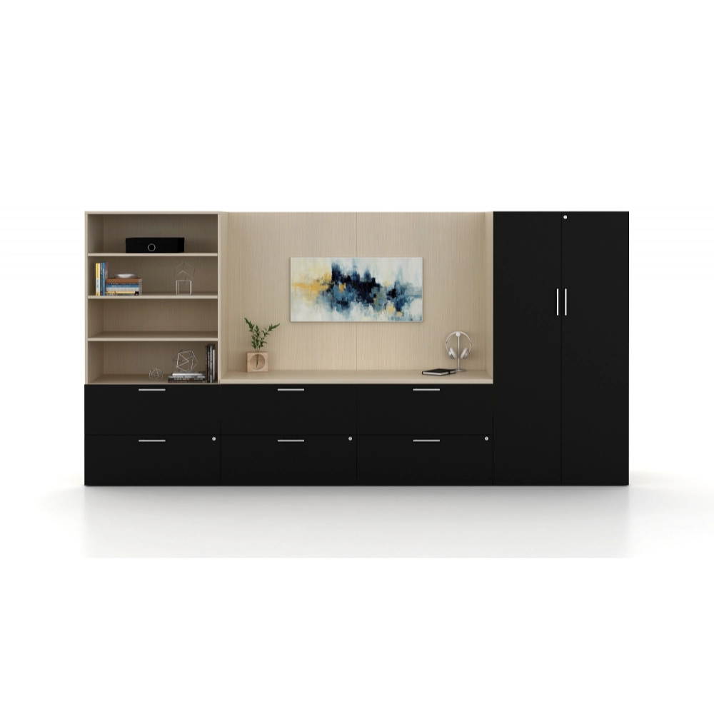 Modern entertainment console with shelves, drawers, and a painting on a white background. Kansas City Office Design.