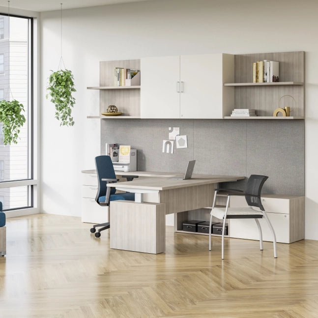Modern office setup with a desk, chairs, and shelves. Kansas City Office Design.