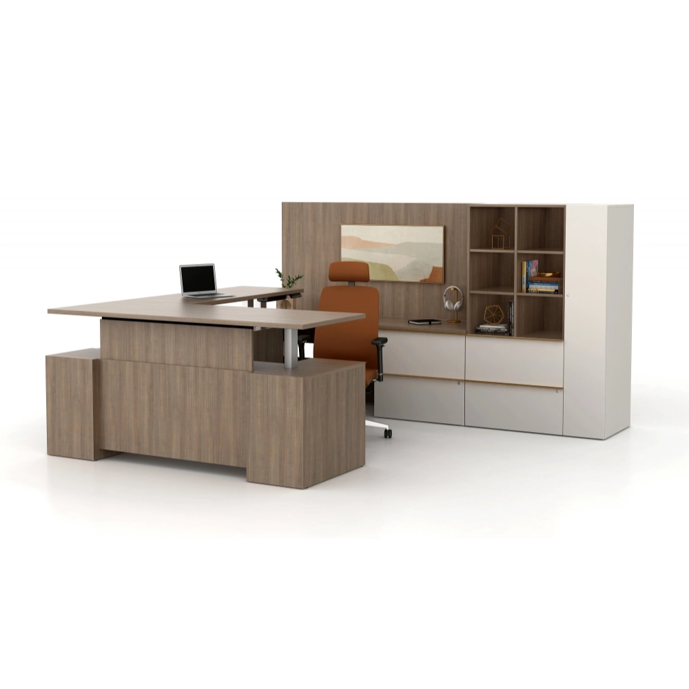 Modern office desk with chair and bookshelf on a white background. Kansas City Office Design.