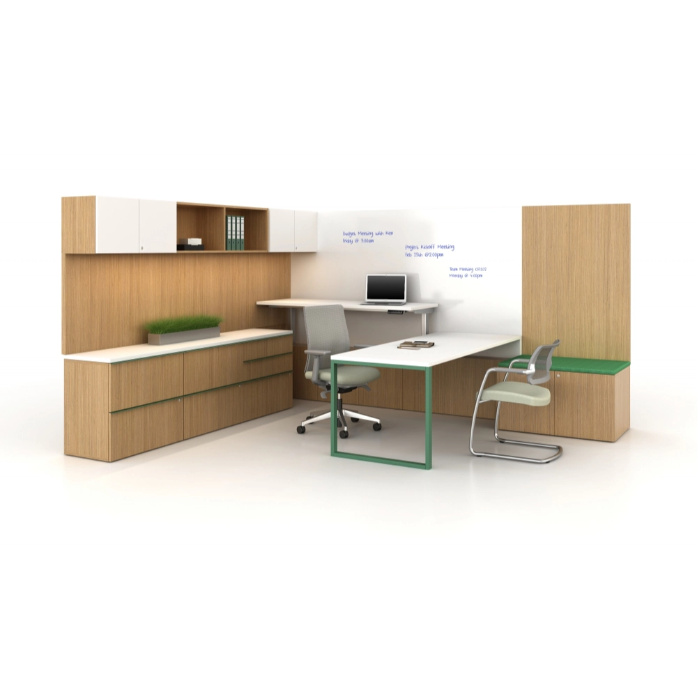 Modern office desk setup with wooden cabinets and white walls. Kansas City Office Design.