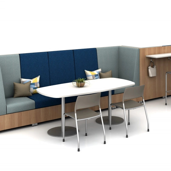 Modern office booth with a sitting height table and chairs on a white background. Kansas City Office Design