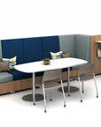 Modern office booth with a sitting height table and chairs on a white background. Kansas City Office Design