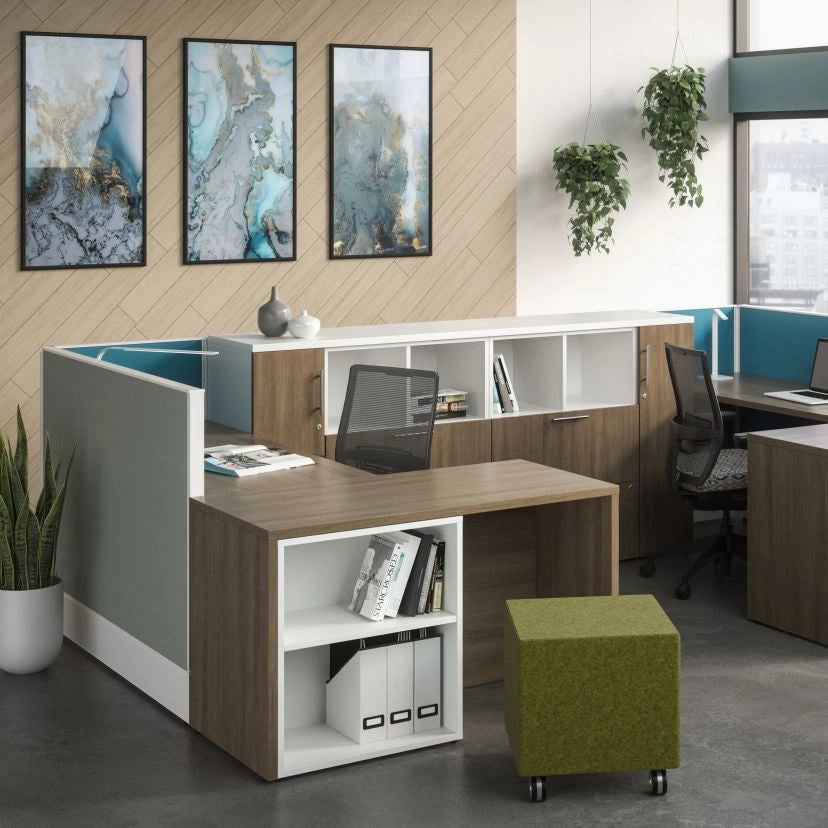 Modern office setup with a L-shaped desk, chairs, and decor elements. Kansas City Office Design