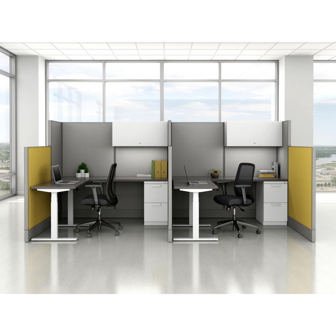 AIS Divi Panel two person Workstations with height adjustable desks and file file storage pedestals. Corporate cubicle system. Kansas City office furniture