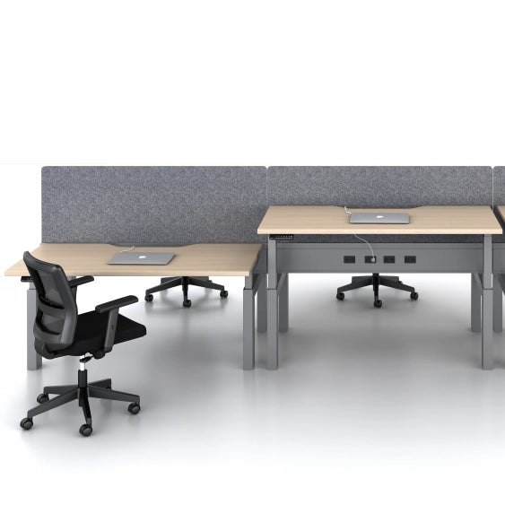 Two power bench sit to stand office desks with chairs and laptops in a minimalistic office setting. Configured in a back to back layout. Kansas City Office Design.