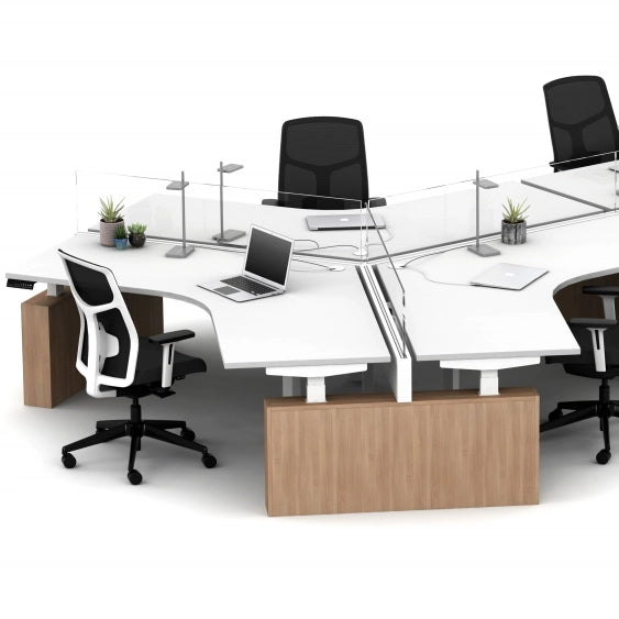 Modern office setup with power bench sit to stand desks, black chairs, and a laptop. Configured in a 120 degree layout. Kansas City Office Design.