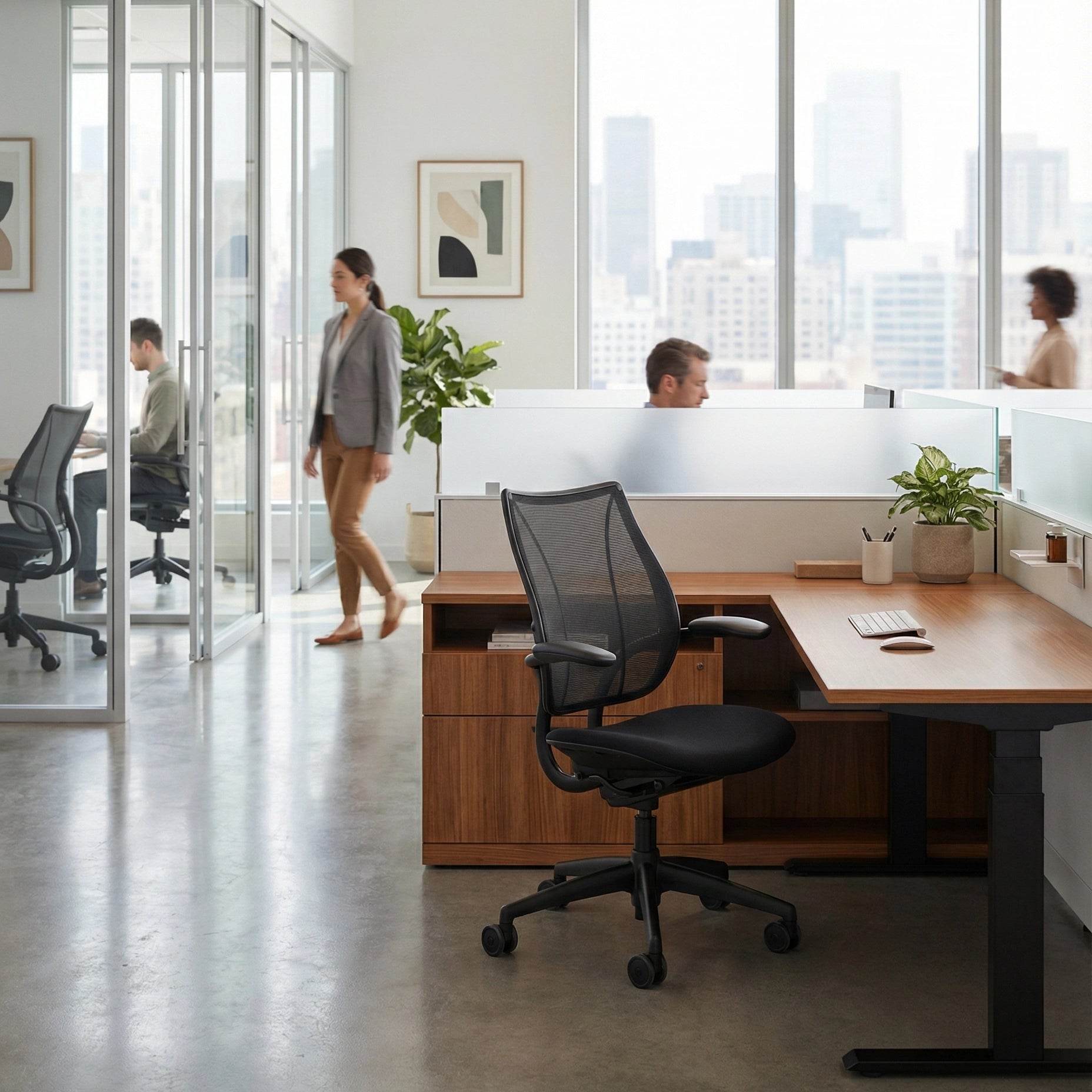 Modern office space with desks, chairs, and large windows. Kansas City Office Design.