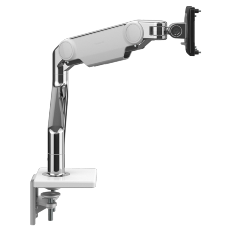 Humanscale M10 single monitor arm polished aluminum finish. Side view. Kansas City Office Furniture.