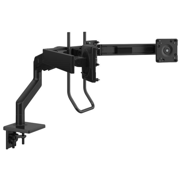 Humanscale M10 triple monitor arm with crossbar front view. Black. Kansas City Office Furniture.