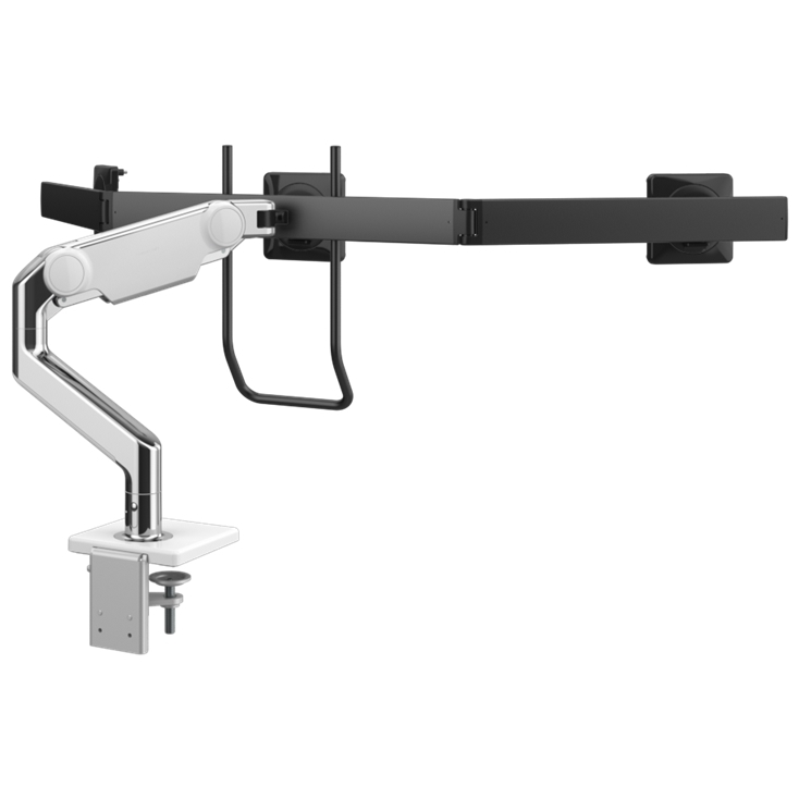 Humanscale M10 triple monitor arm with crossbar back view. Polished Aluminum. Kansas City Office Furniture.