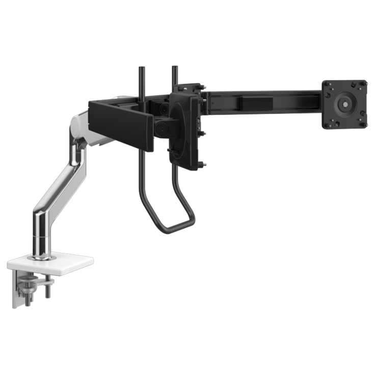 Humanscale M10 triple monitor arm with crossbar front view. Polished Aluminum. Kansas City Office Furniture.