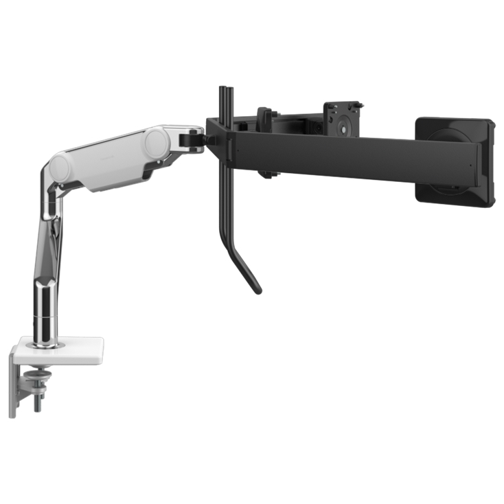 Humanscale M10 triple monitor arm with crossbar side view. Polished Aluminum. Kansas City Office Furniture.