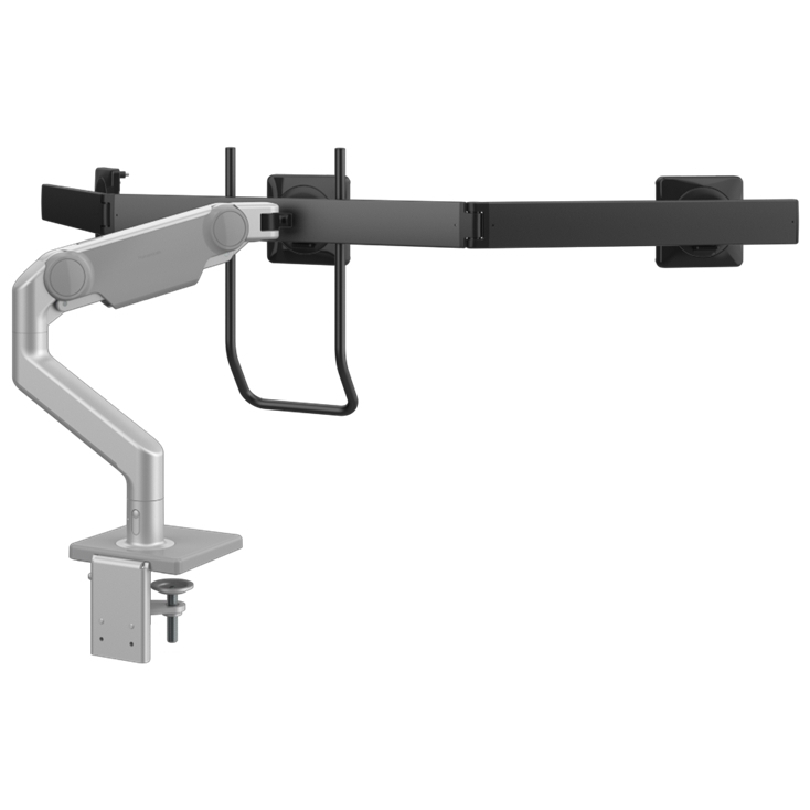 Humanscale M10 triple monitor arm with crossbar back view. Silver. Kansas City Office Furniture.