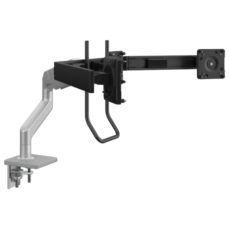 Humanscale M10 triple monitor arm with crossbar front view. Silver. Kansas City Office Furniture.