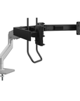 Humanscale M10 triple monitor arm with crossbar front view. Silver. Kansas City Office Furniture.