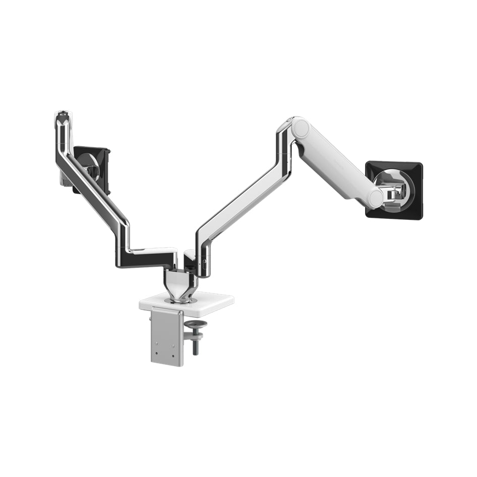 Humanscale M2.1 dual monitor arm polished aluminum finish. Back View. Kansas City Office Design.