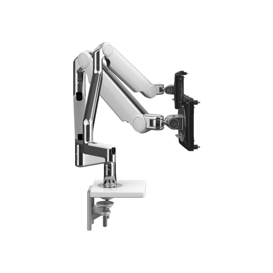 Humanscale M2.1 dual monitor arm polished aluminum finish. Side View. Kansas City Office Design.