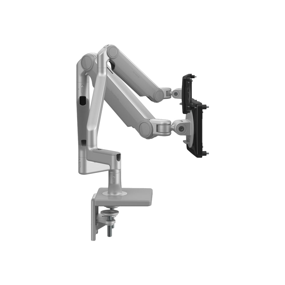 Humanscale M2.1 dual monitor arm silver finish. Side View. Kansas City Office Design.